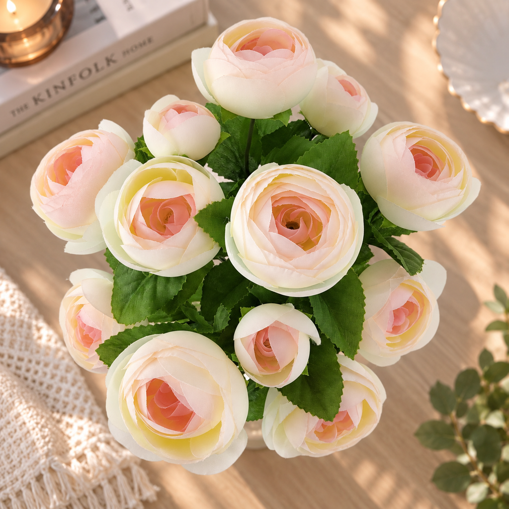 15 in Artificial Ranunculus Bush Light Pink – Faux Silk Flowers for Indoor Home Decor, Vase Arrangements & Seasonal Decorating
