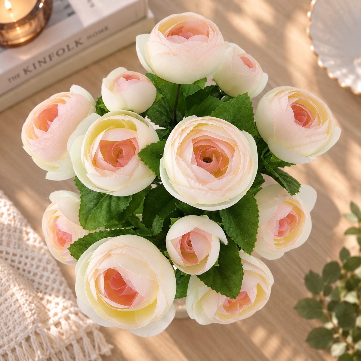 15 in Artificial Ranunculus Bush Light Pink – Faux Silk Flowers for Indoor Home Decor, Vase Arrangements & Seasonal Decorating