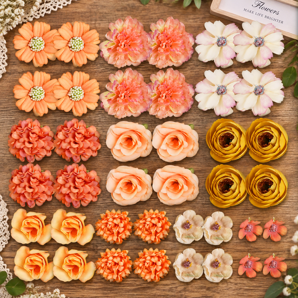 40pcs Artificial Flower Heads, Mixed Silk Flowers for DIY Crafts, Wreaths, Garlands, Wedding & Home Decor