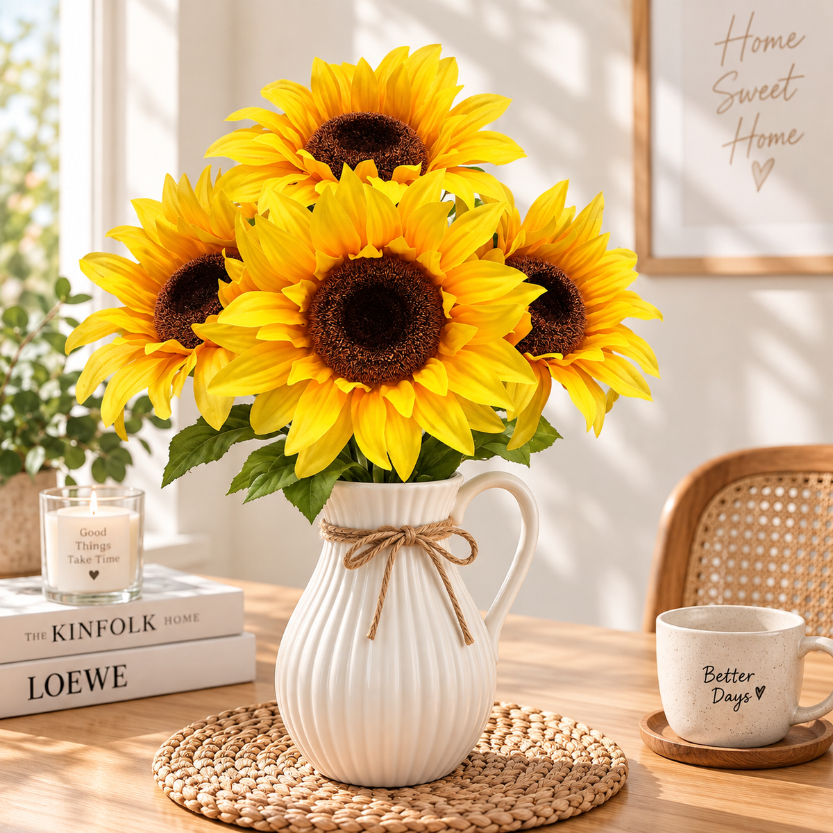 Indoor Artificial Sunflower Bush – Yellow Faux Floral Arrangement, 19.25 in