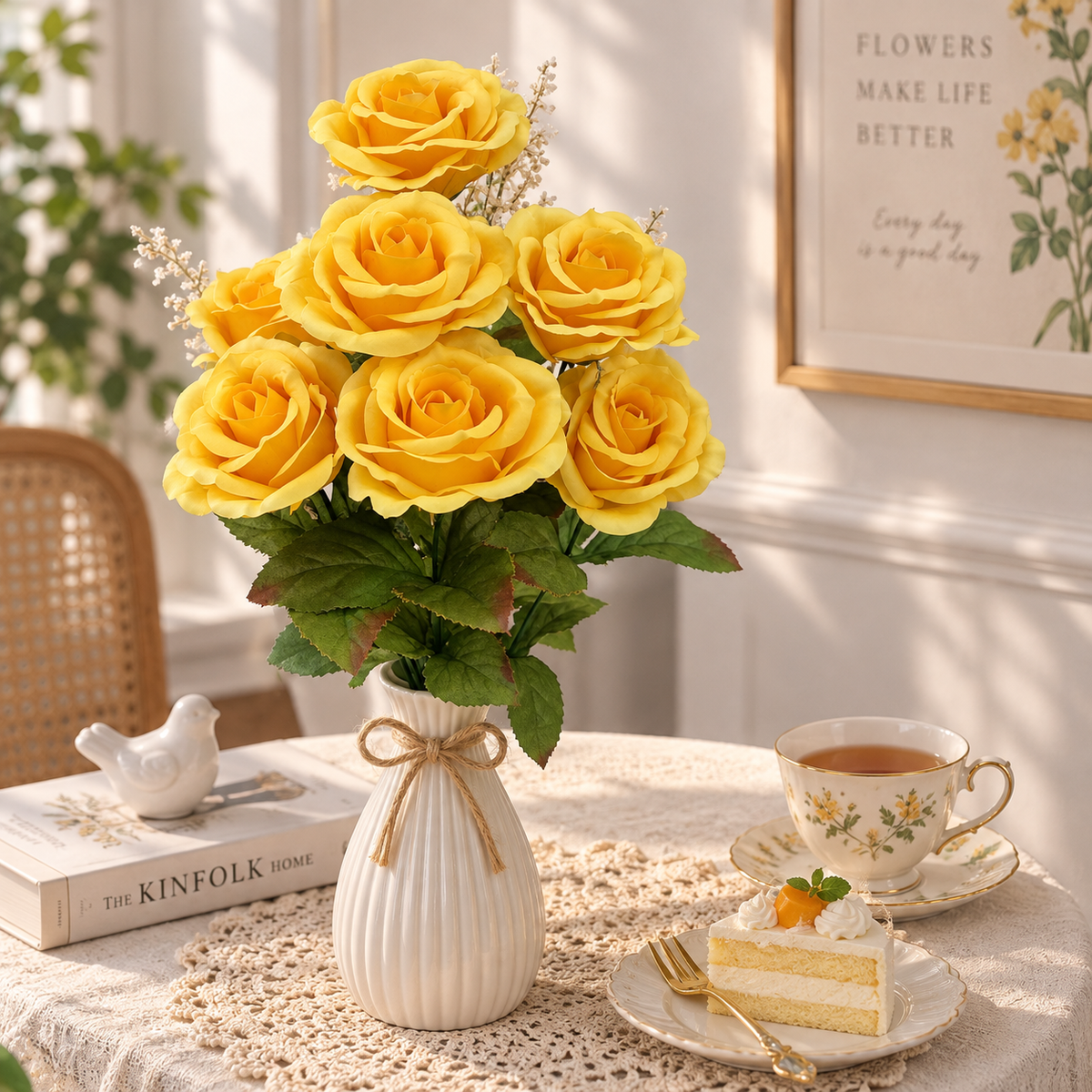 17.5" Yellow Artificial Rose Bush – 9 Bloom Indoor Floral Decor