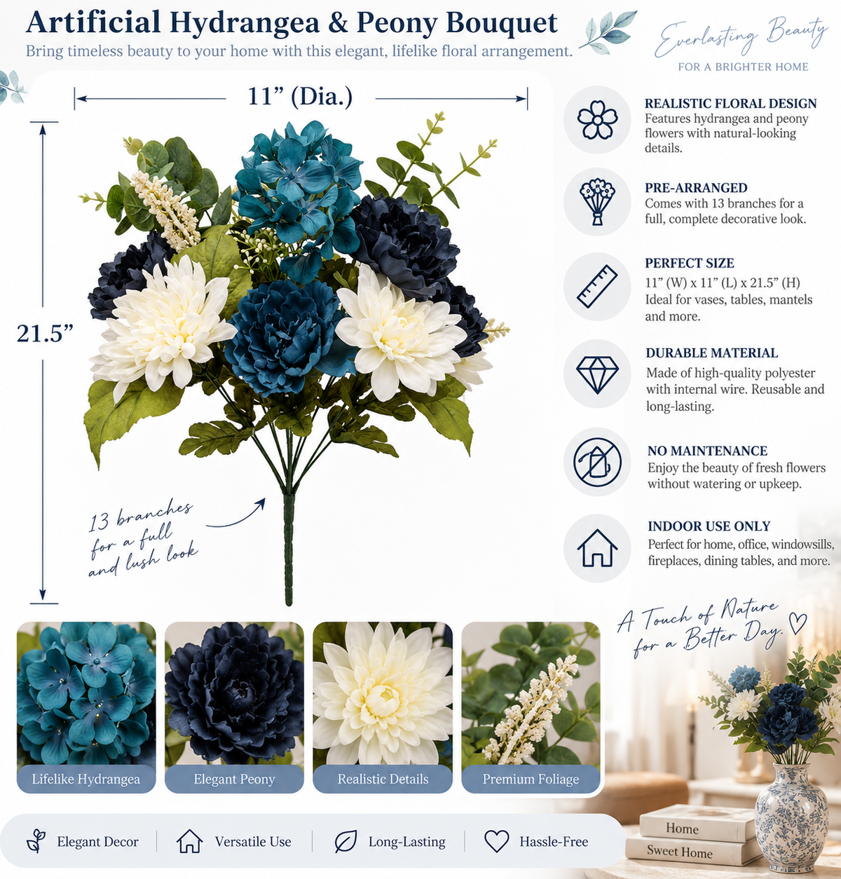 Artificial Flower Bouquet with Hydrangea & Peony, Navy and Cream Faux Flowers, 21.5 Inch Indoor Home Decor
