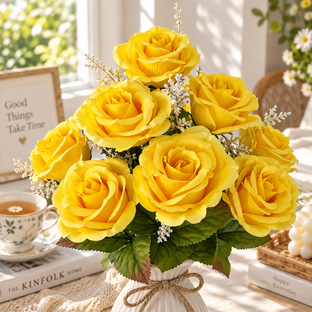 17.5" Yellow Artificial Rose Bush – 9 Bloom Indoor Floral Decor
