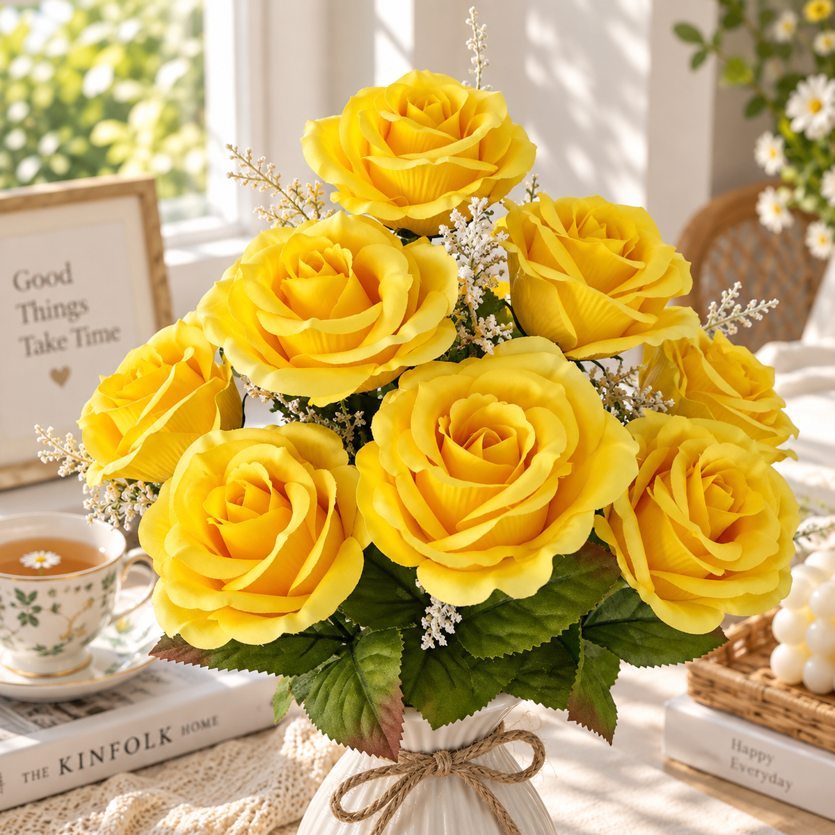 17.5" Yellow Artificial Rose Bush – 9 Bloom Indoor Floral Decor