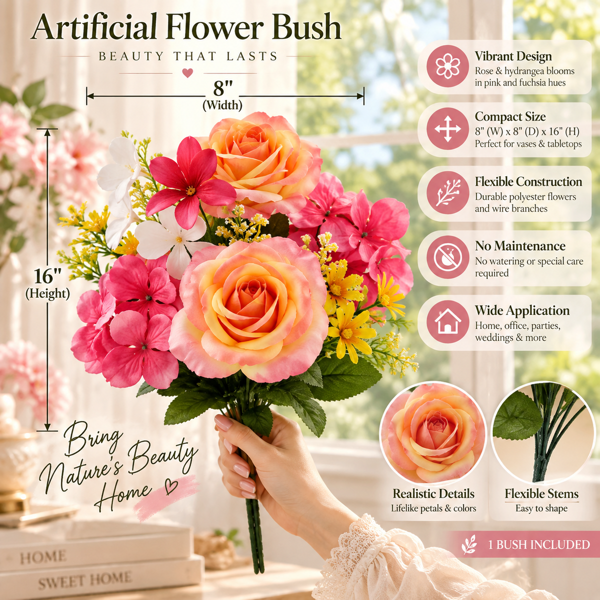 Artificial Rose & Hydrangea Flower Bush, Pink & Fuchsia, 16 Inch Faux Floral Arrangement