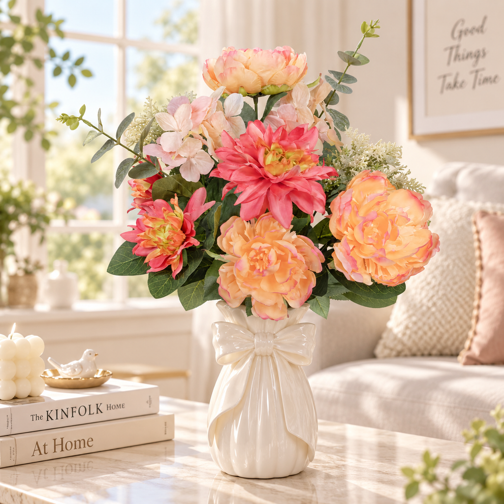 23" Artificial Peach Peony & Dahlia Mixed Flower Bouquet – Indoor Floral Decor