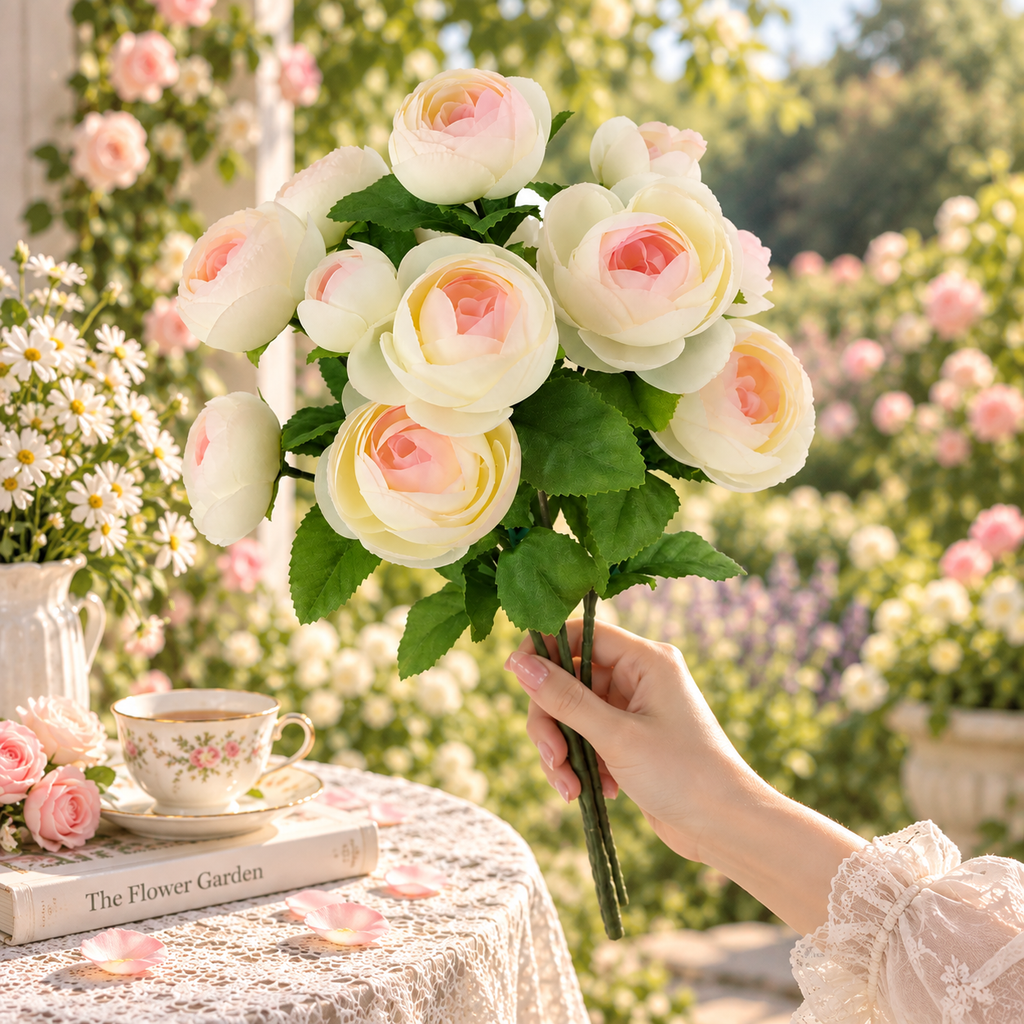 15 in Artificial Ranunculus Bush Light Pink – Faux Silk Flowers for Indoor Home Decor, Vase Arrangements & Seasonal Decorating