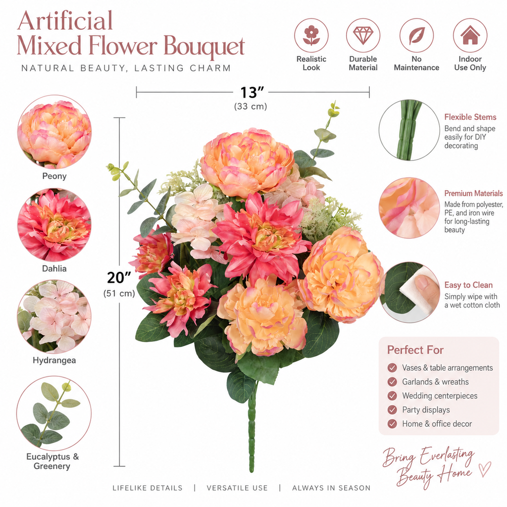 23" Artificial Peach Peony & Dahlia Mixed Flower Bouquet – Indoor Floral Decor