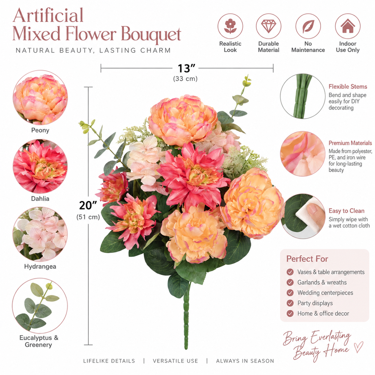 23" Artificial Peach Peony & Dahlia Mixed Flower Bouquet – Indoor Floral Decor