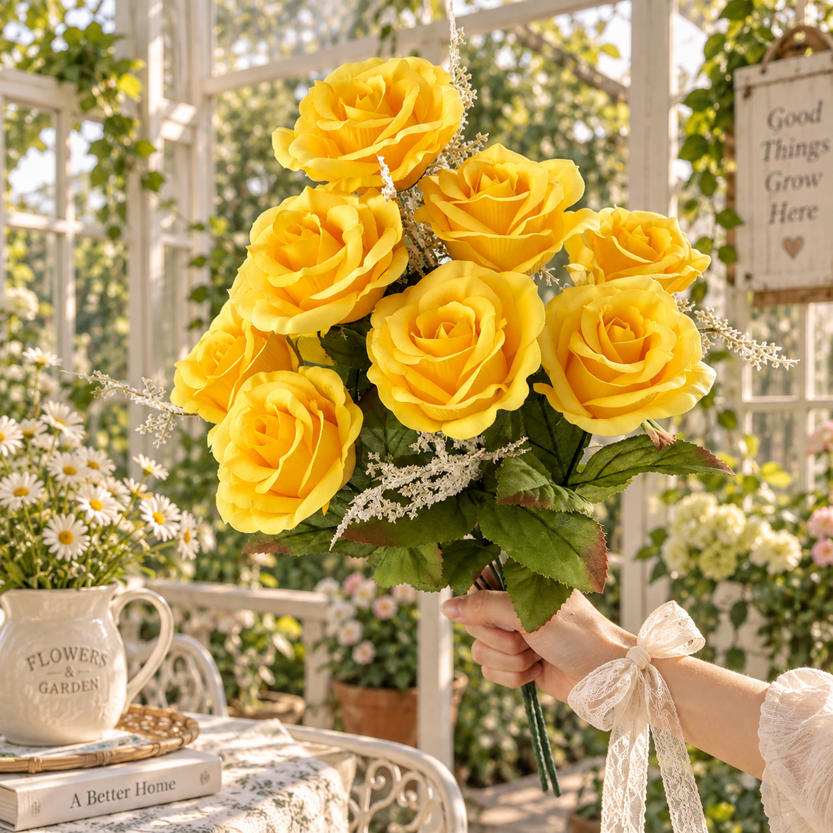 17.5" Yellow Artificial Rose Bush – 9 Bloom Indoor Floral Decor