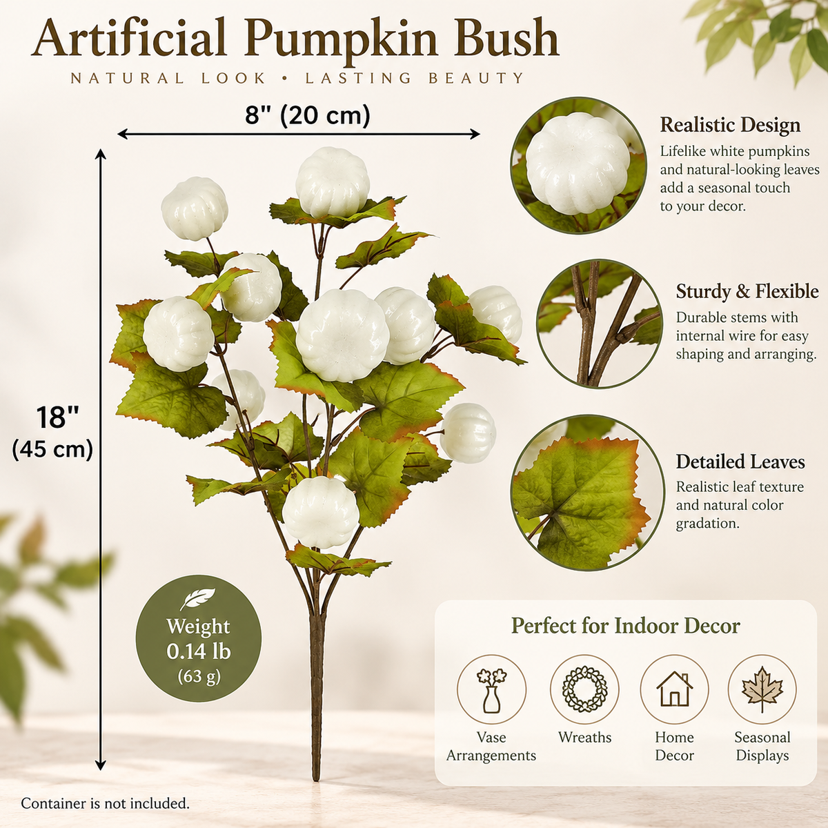 18-Inch White Artificial Pumpkin Bush for Fall Decor – Indoor Faux Pumpkin Stem with Green Foliage