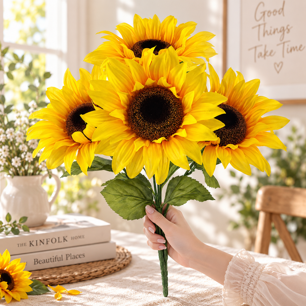 Indoor Artificial Sunflower Bush – Yellow Faux Floral Arrangement, 19.25 in