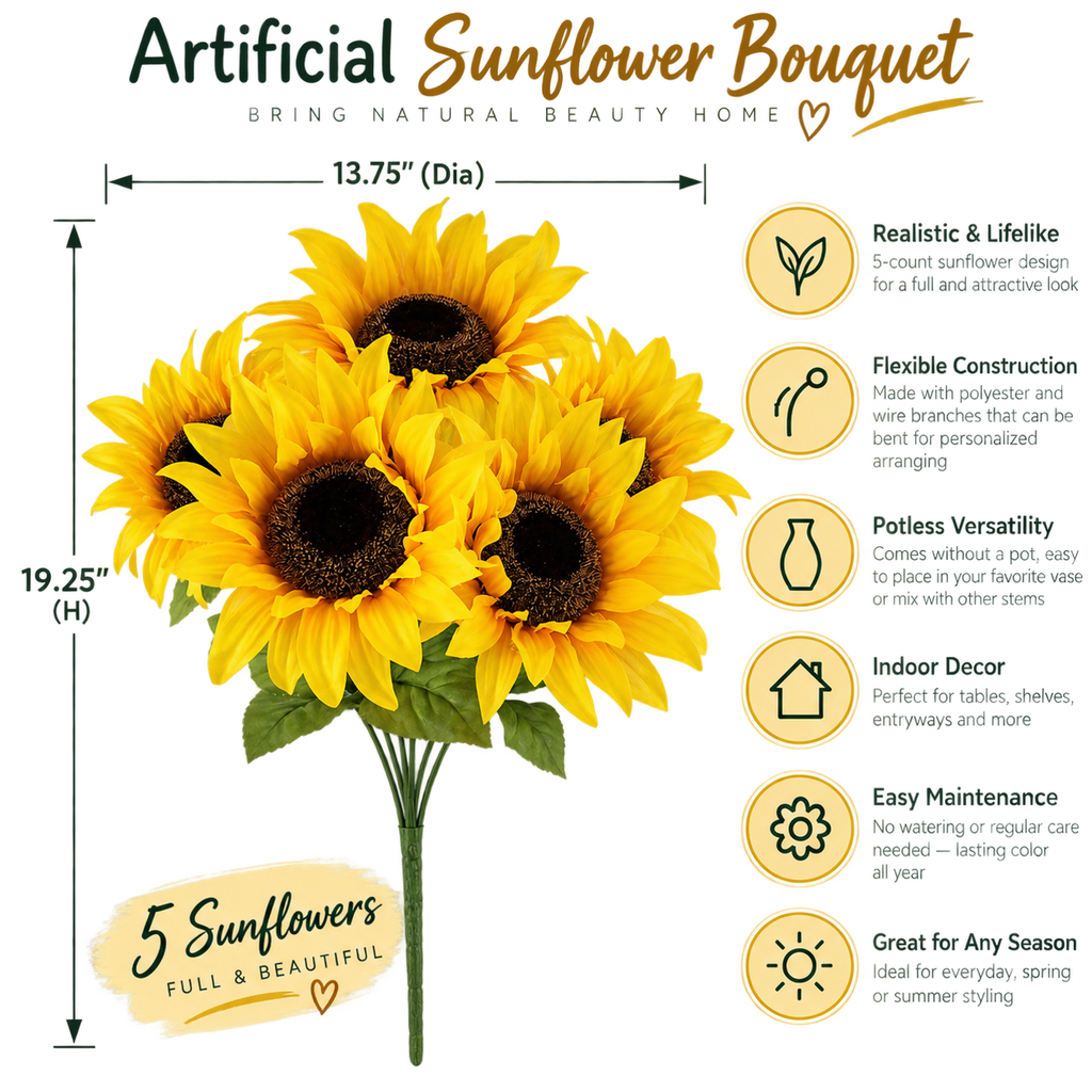 Indoor Artificial Sunflower Bush – Yellow Faux Floral Arrangement, 19.25 in