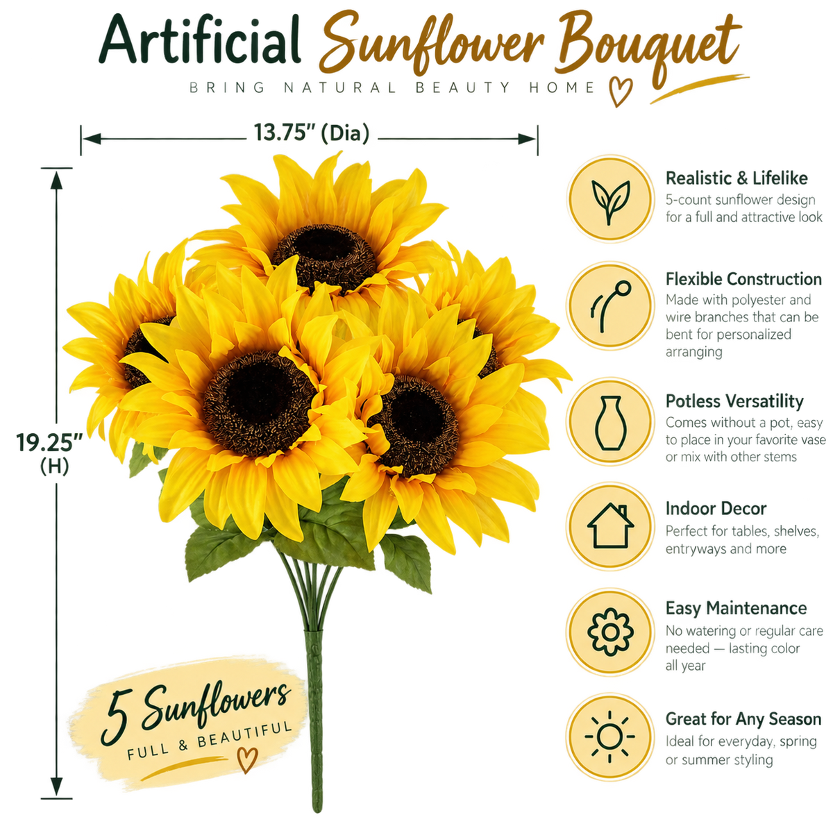 Indoor Artificial Sunflower Bush – Yellow Faux Floral Arrangement, 19.25 in
