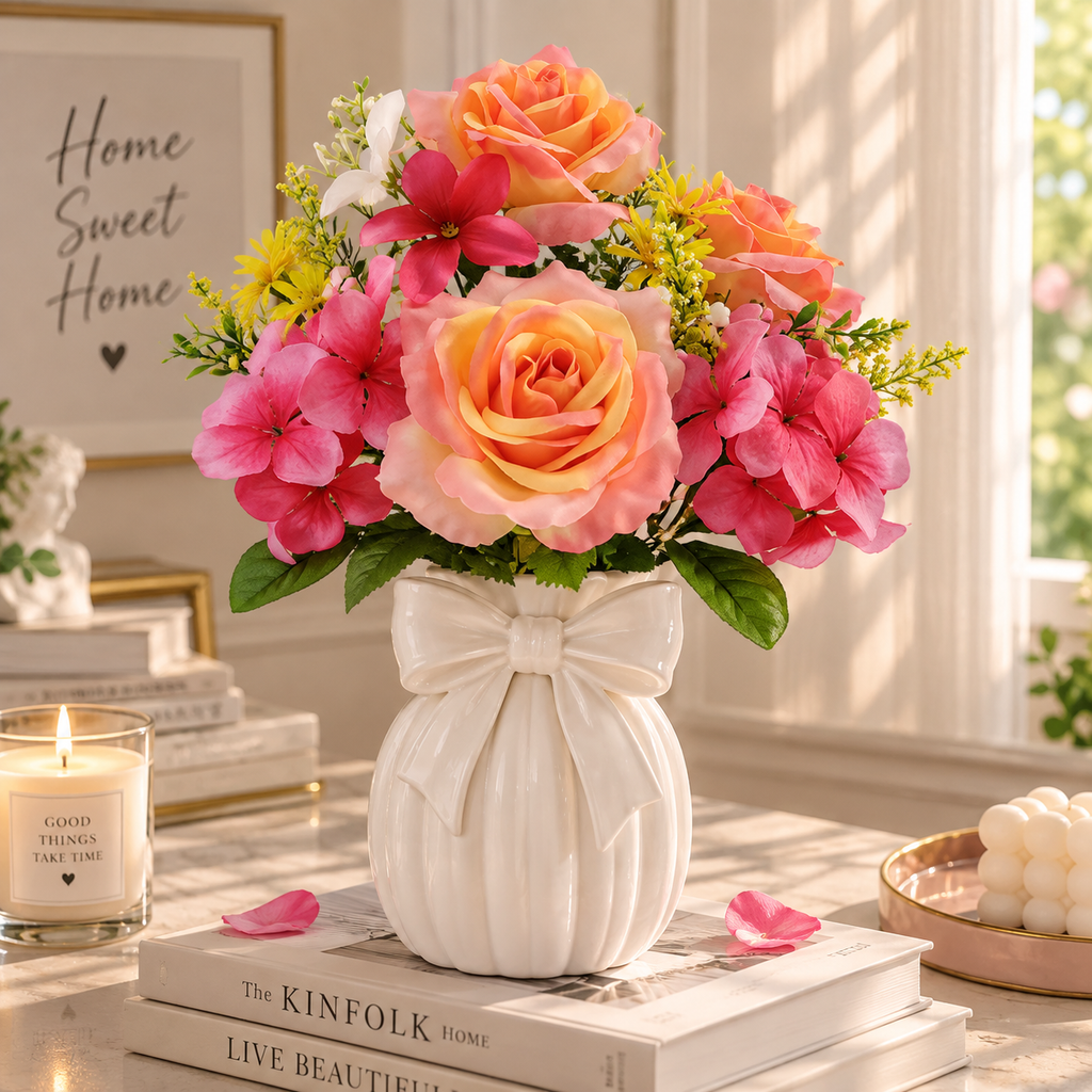 Artificial Rose & Hydrangea Flower Bush, Pink & Fuchsia, 16 Inch Faux Floral Arrangement