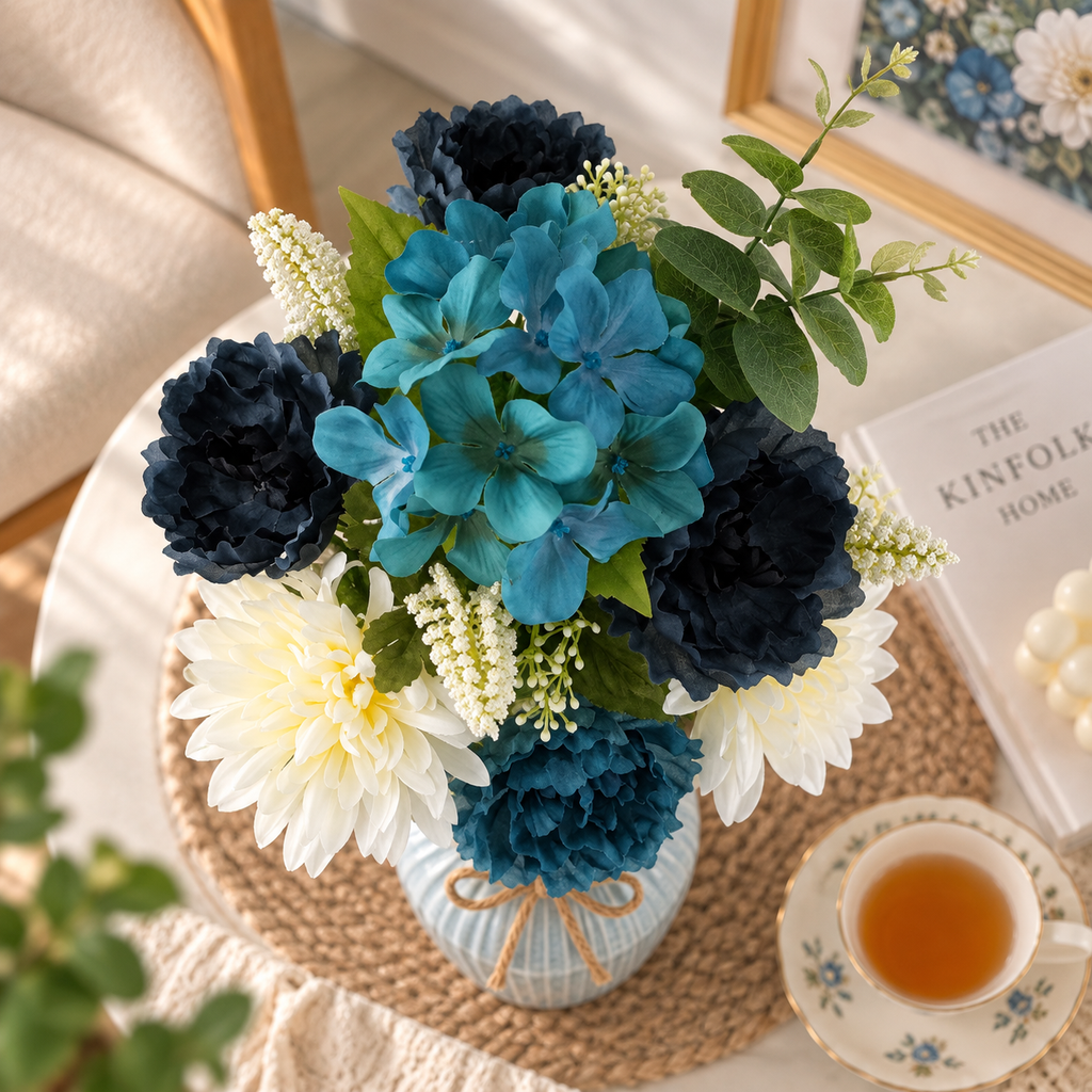 Artificial Flower Bouquet with Hydrangea & Peony, Navy and Cream Faux Flowers, 21.5 Inch Indoor Home Decor