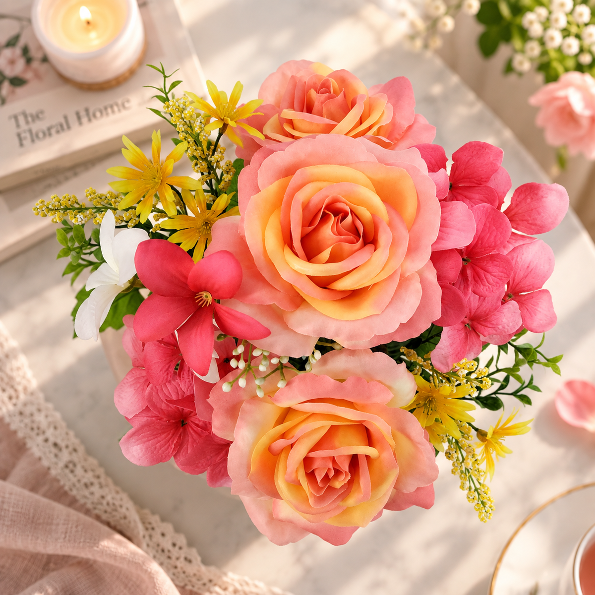 Artificial Rose & Hydrangea Flower Bush, Pink & Fuchsia, 16 Inch Faux Floral Arrangement