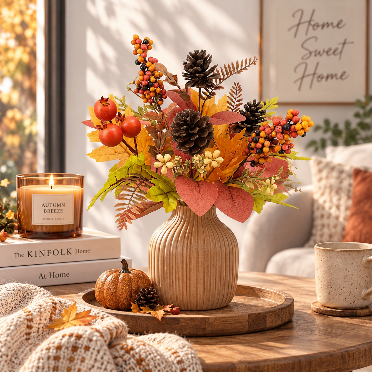 16" Artificial Fall Berry & Pinecone Bush – Autumn Harvest Floral Decor for Home, Table & Centerpieces