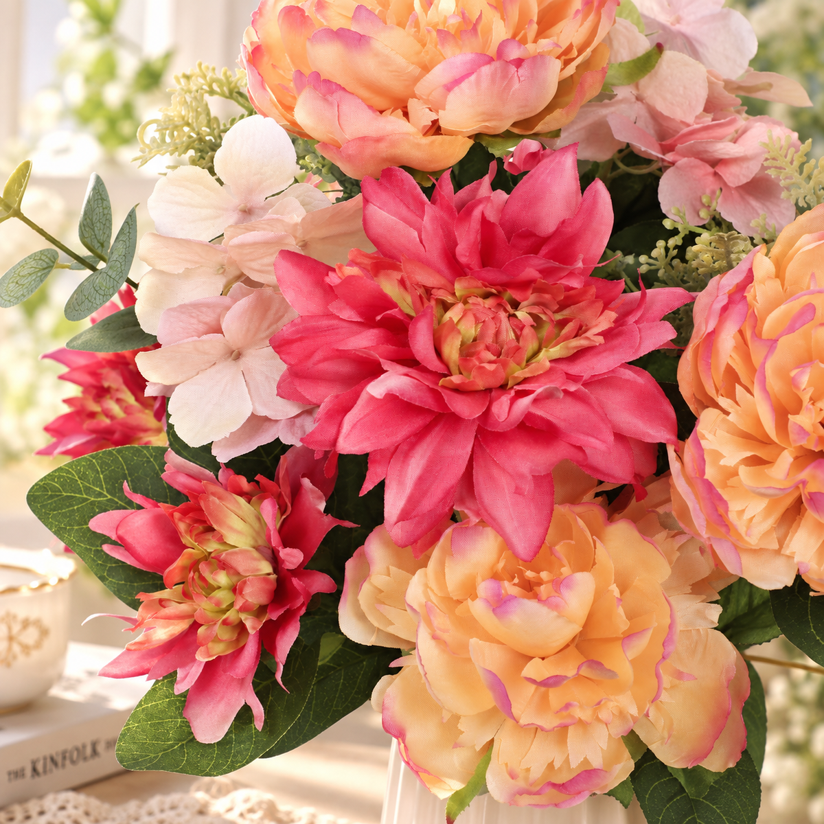 23" Artificial Peach Peony & Dahlia Mixed Flower Bouquet – Indoor Floral Decor
