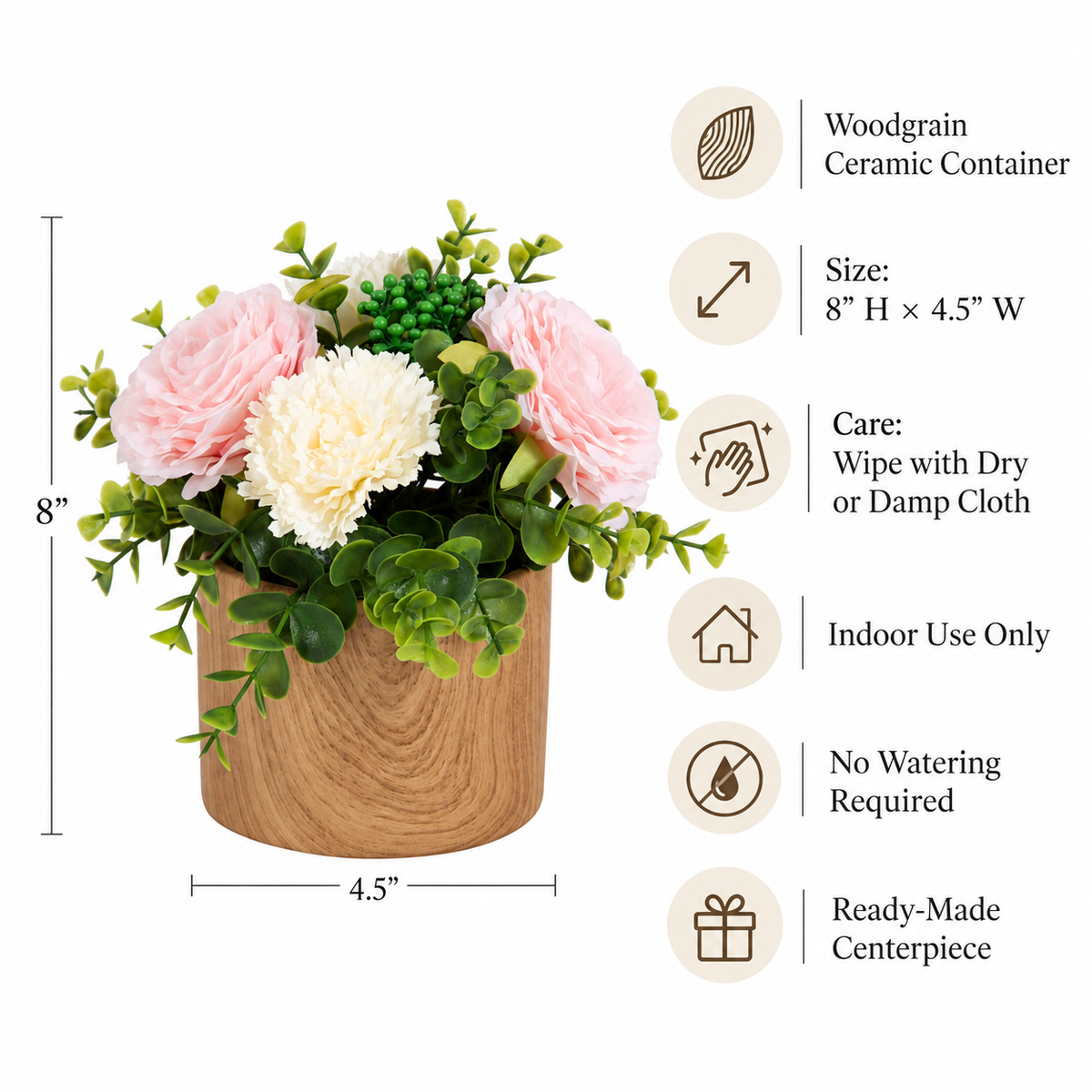 4.5" Artificial Floral Arrangement in Woodgrain Ceramic Pot – Pink & Cream Flowers