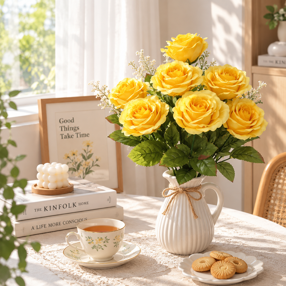 17.5" Yellow Artificial Rose Bush – 9 Bloom Indoor Floral Decor