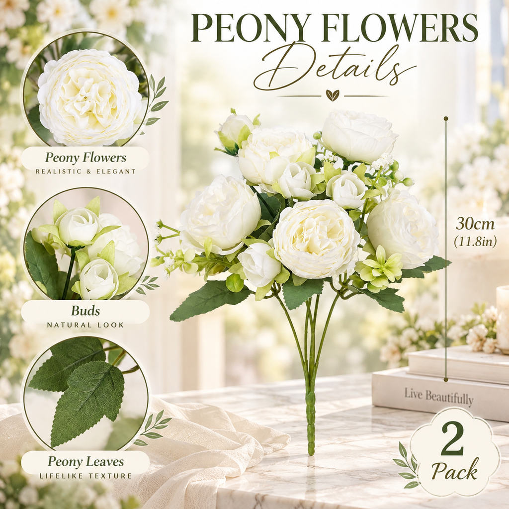 Artificial Peony Flowers – 2 or 4 Bundles Silk Faux Peony Bouquet for Wedding & Home Decor