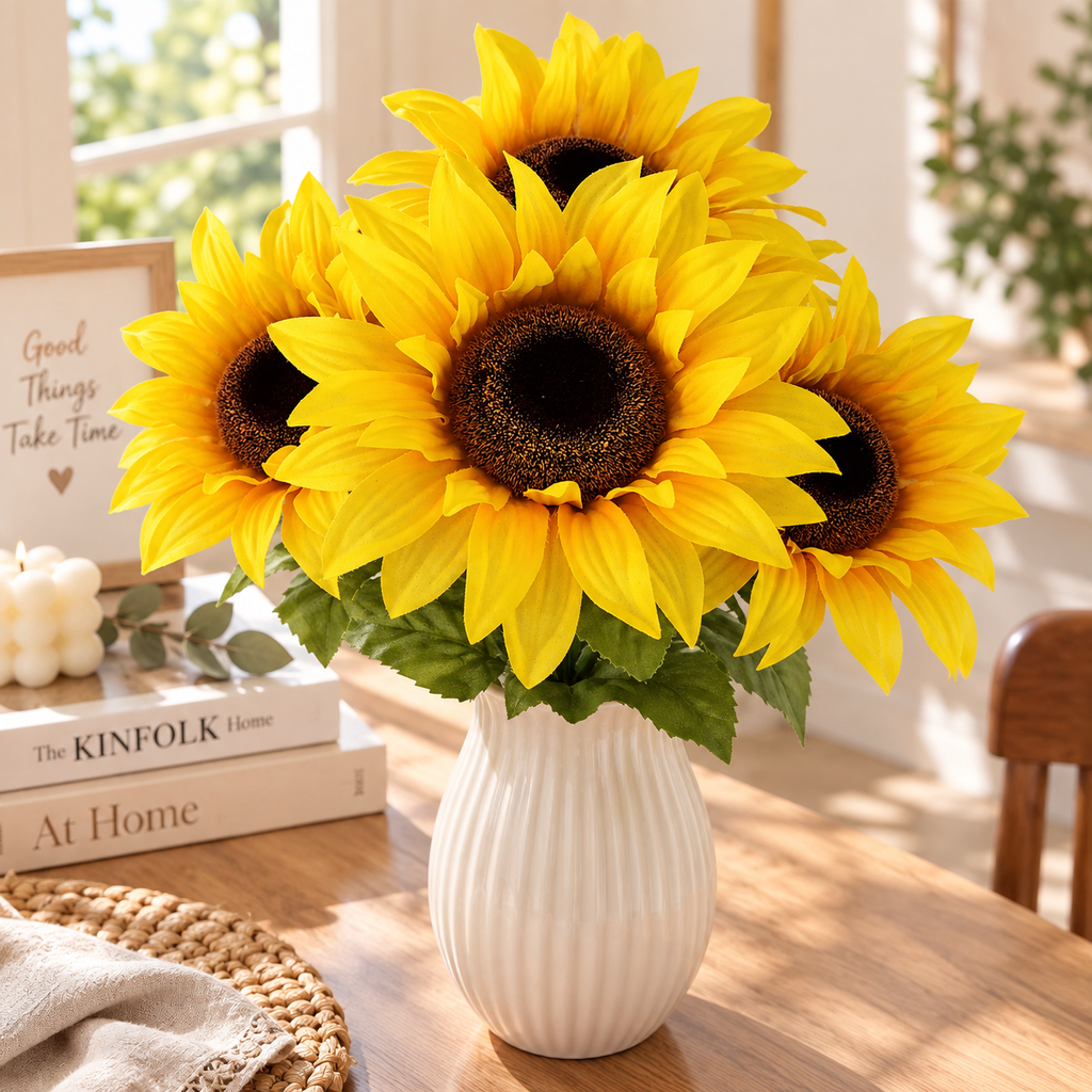 Indoor Artificial Sunflower Bush – Yellow Faux Floral Arrangement, 19.25 in