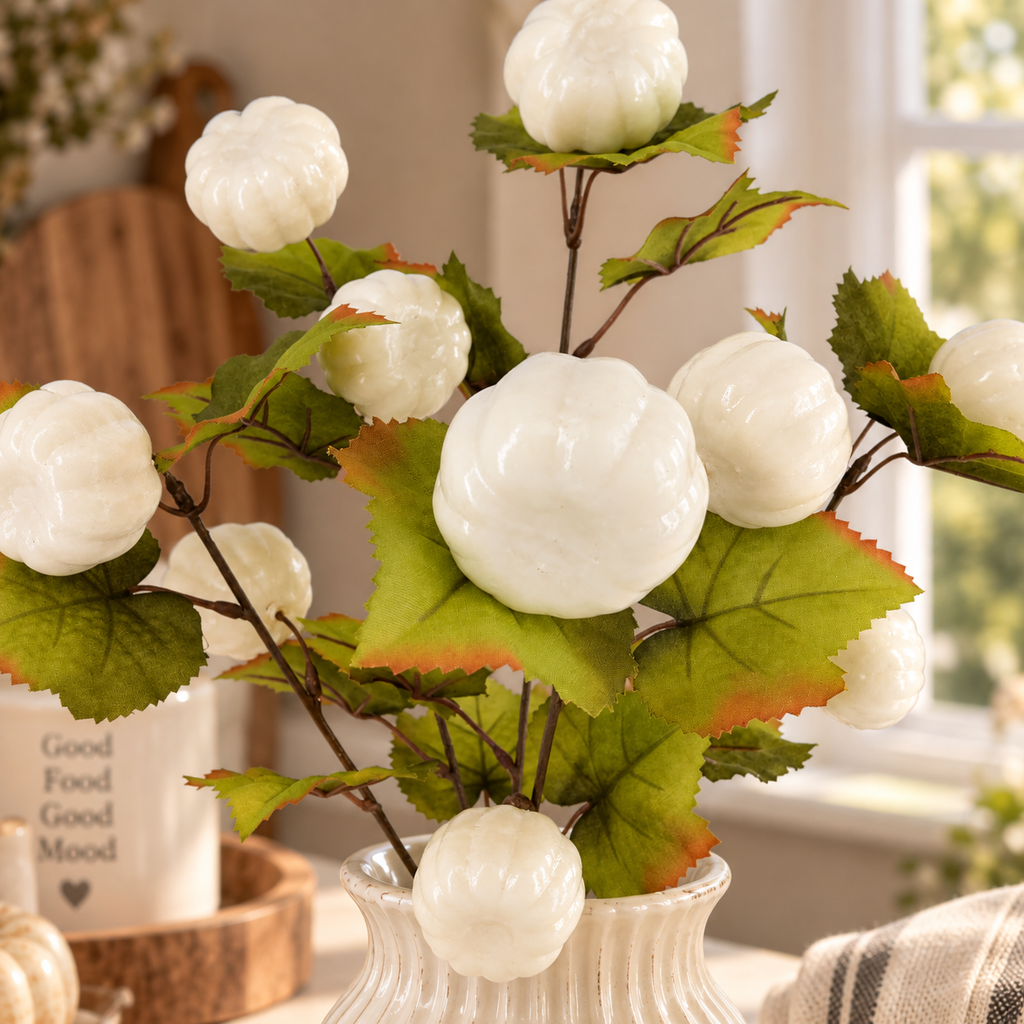 18-Inch White Artificial Pumpkin Bush for Fall Decor – Indoor Faux Pumpkin Stem with Green Foliage