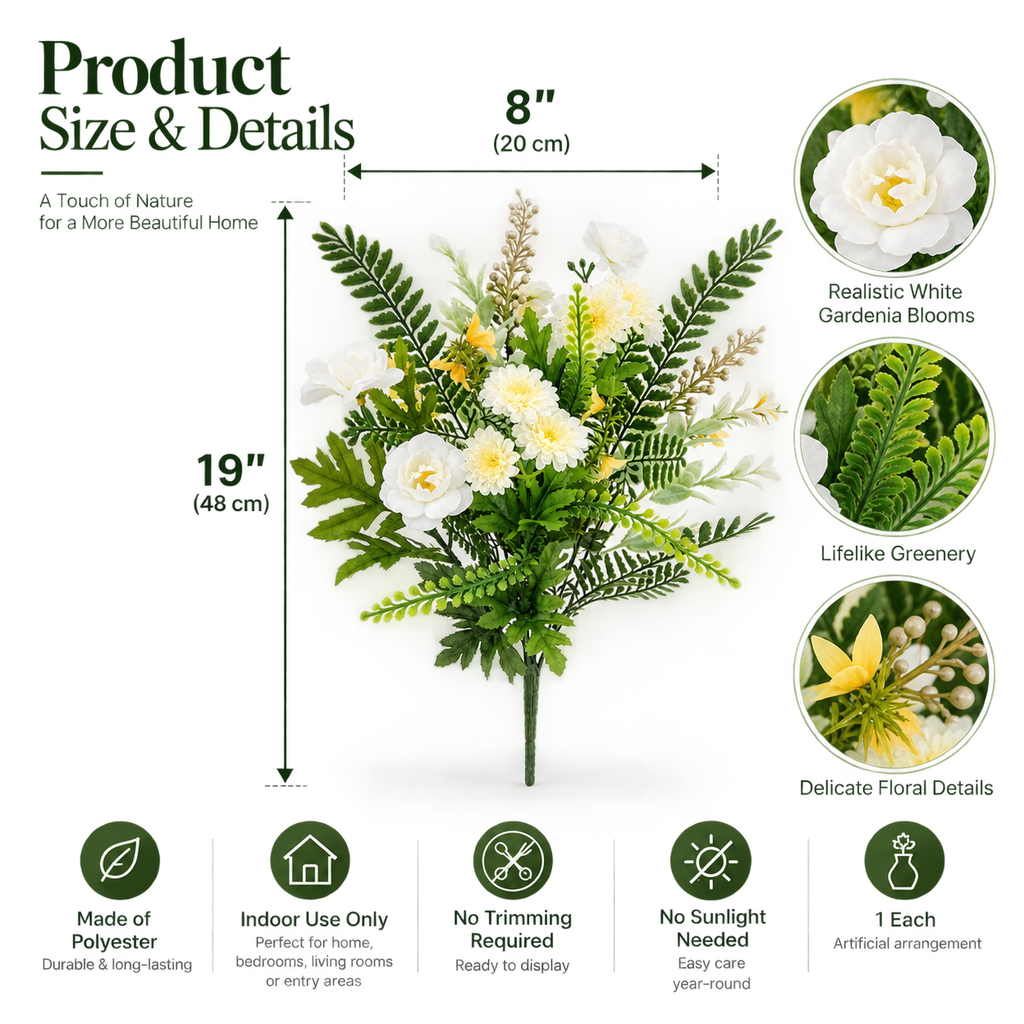 19" Artificial Gardenia Floral Arrangement – White Faux Flowers & Greenery for Indoor Home Decor