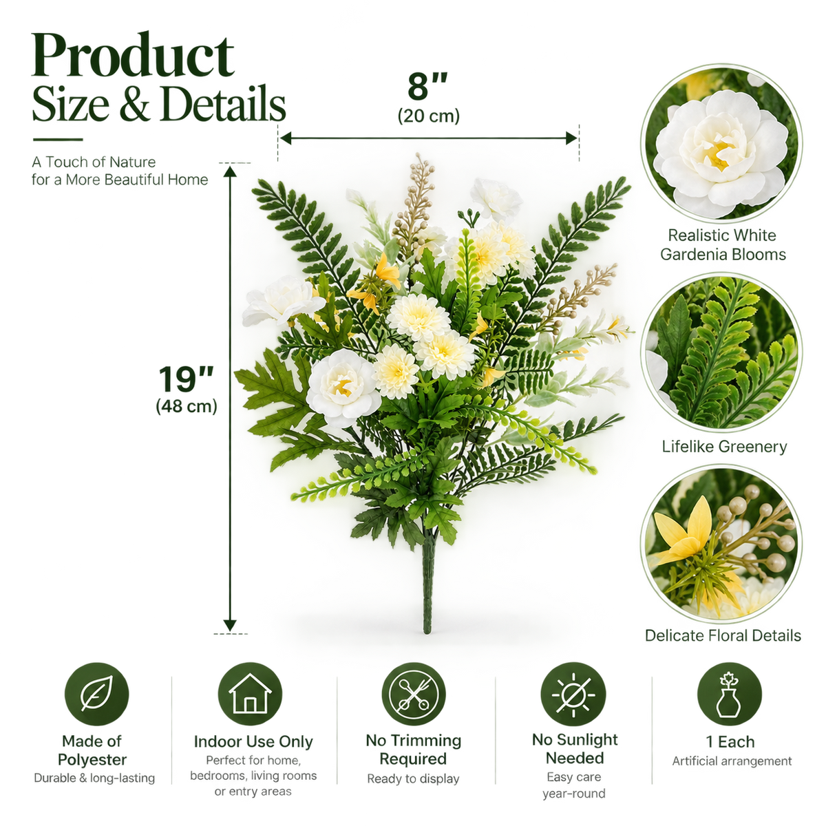 19" Artificial Gardenia Floral Arrangement – White Faux Flowers & Greenery for Indoor Home Decor