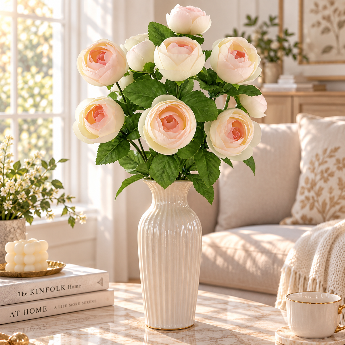 15 in Artificial Ranunculus Bush Light Pink – Faux Silk Flowers for Indoor Home Decor, Vase Arrangements & Seasonal Decorating