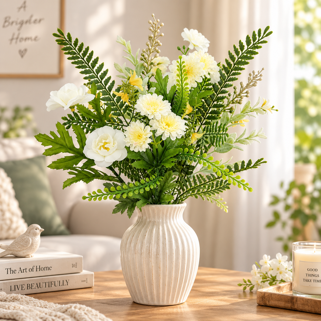 19" Artificial Gardenia Floral Arrangement – White Faux Flowers & Greenery for Indoor Home Decor