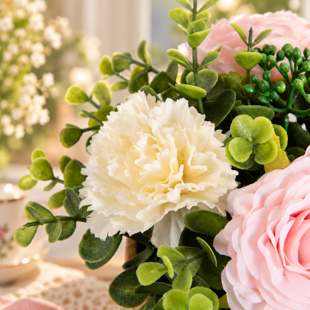 4.5" Artificial Floral Arrangement in Woodgrain Ceramic Pot – Pink & Cream Flowers