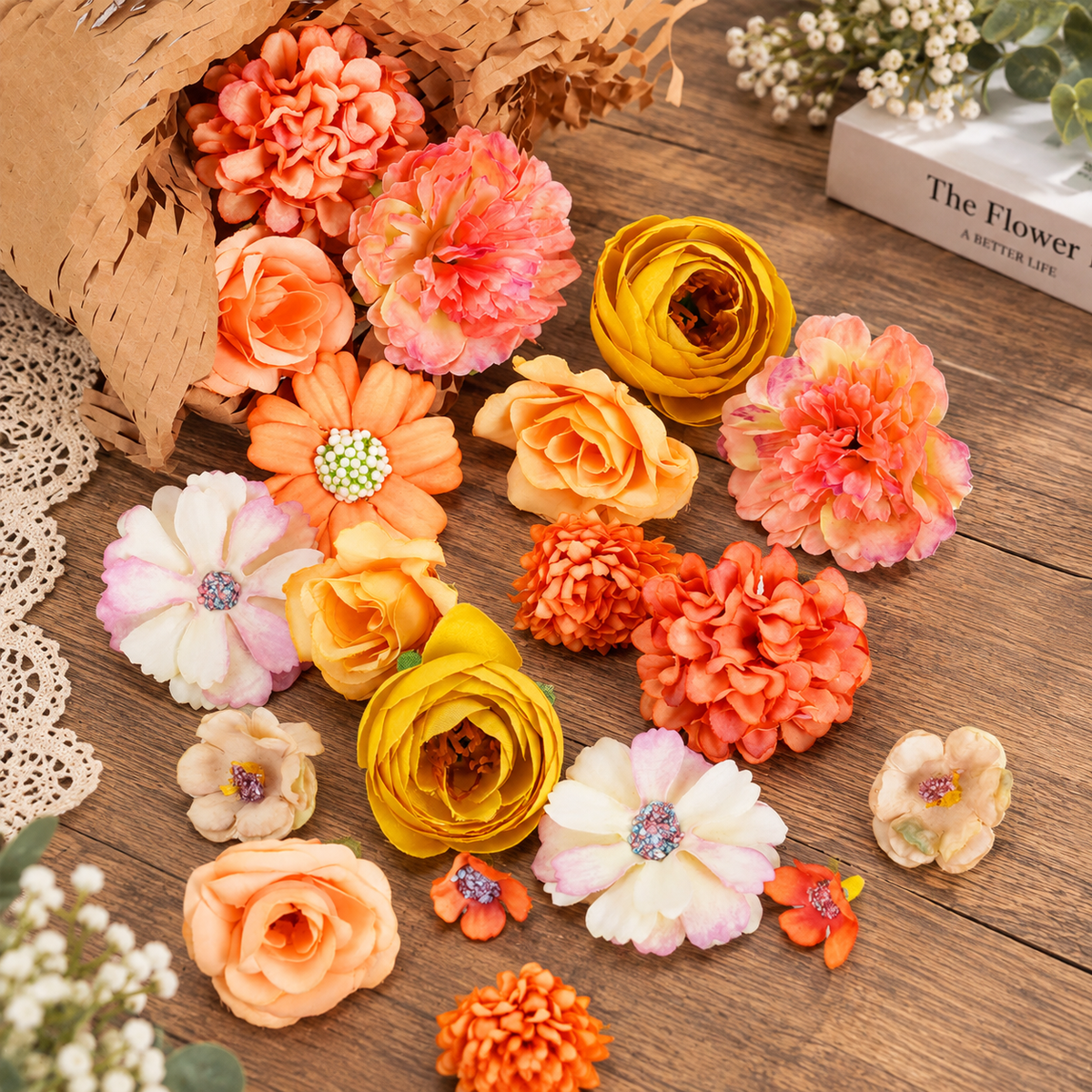 40pcs Artificial Flower Heads, Mixed Silk Flowers for DIY Crafts, Wreaths, Garlands, Wedding & Home Decor