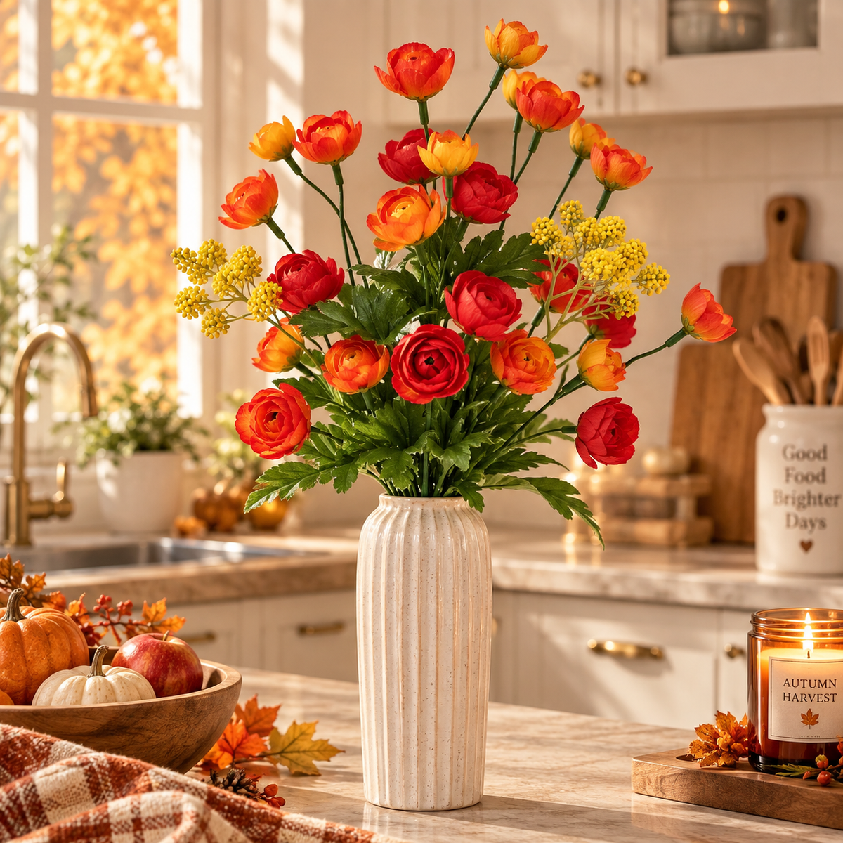 17" Artificial Ranunculus Floral Bush – Red & Orange Faux Flowers for Home Decor, Centerpieces & Office