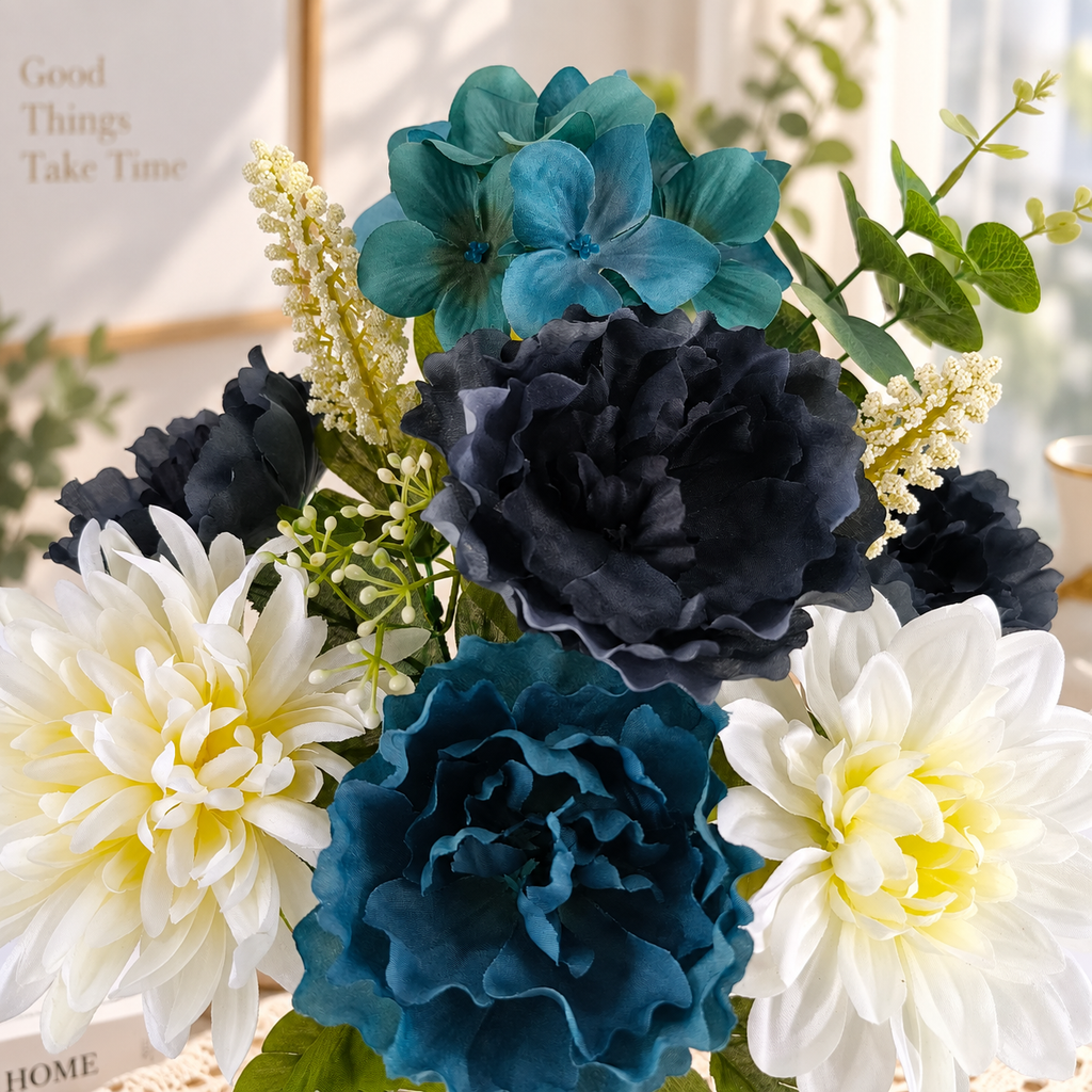 Artificial Flower Bouquet with Hydrangea & Peony, Navy and Cream Faux Flowers, 21.5 Inch Indoor Home Decor