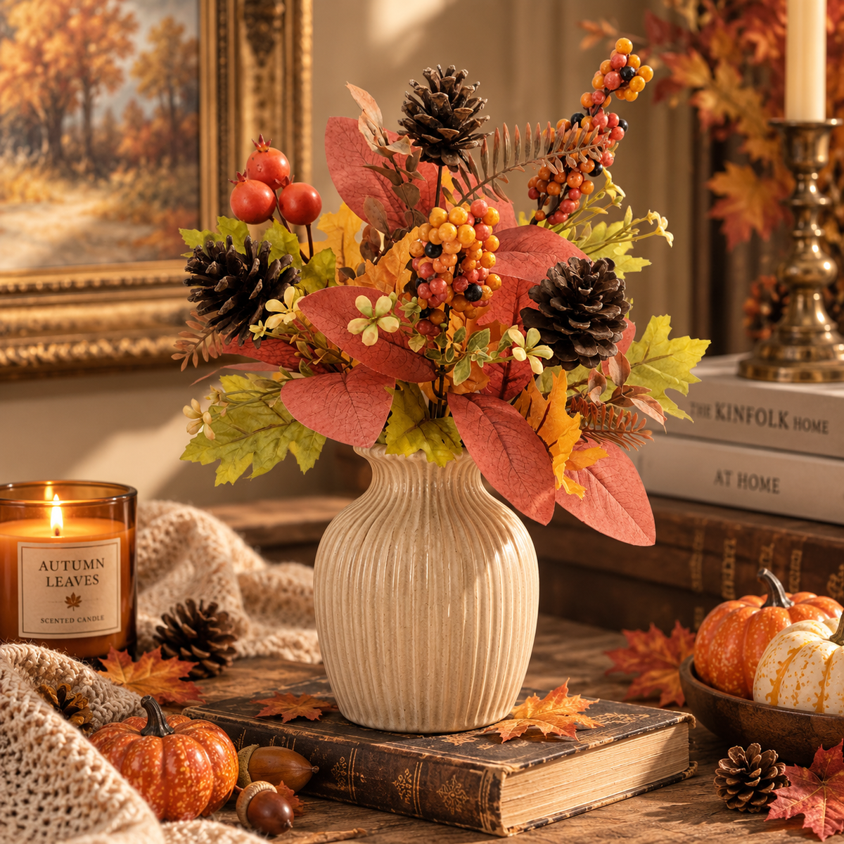 16" Artificial Fall Berry & Pinecone Bush – Autumn Harvest Floral Decor for Home, Table & Centerpieces
