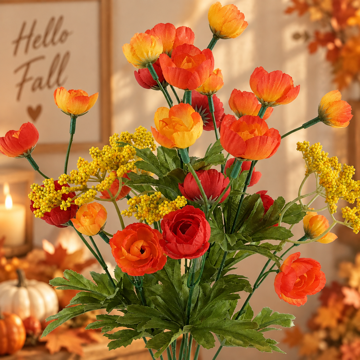 17" Artificial Ranunculus Floral Bush – Red & Orange Faux Flowers for Home Decor, Centerpieces & Office