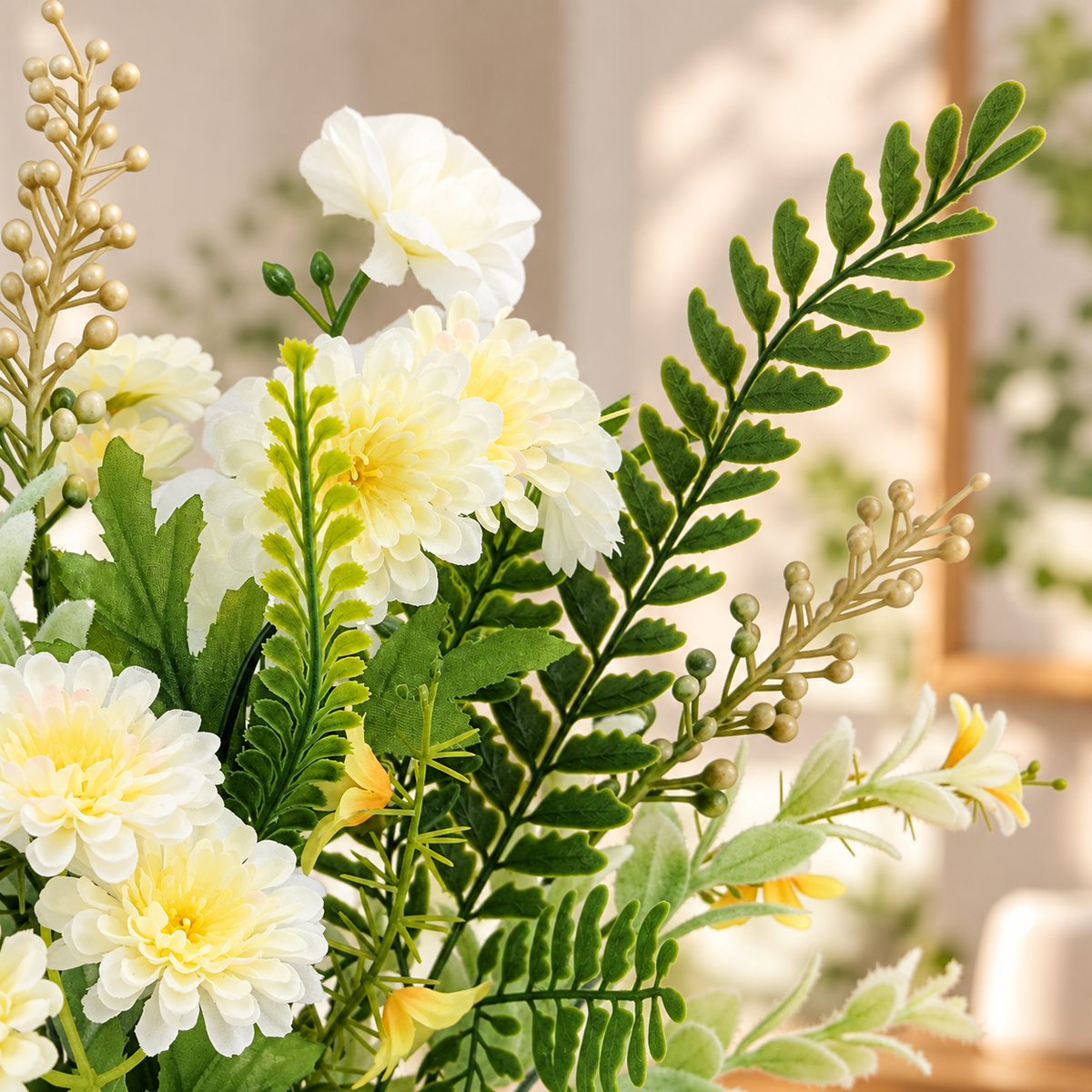 19" Artificial Gardenia Floral Arrangement – White Faux Flowers & Greenery for Indoor Home Decor