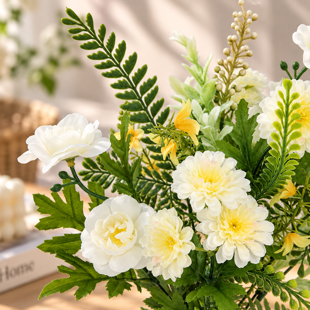 19" Artificial Gardenia Floral Arrangement – White Faux Flowers & Greenery for Indoor Home Decor
