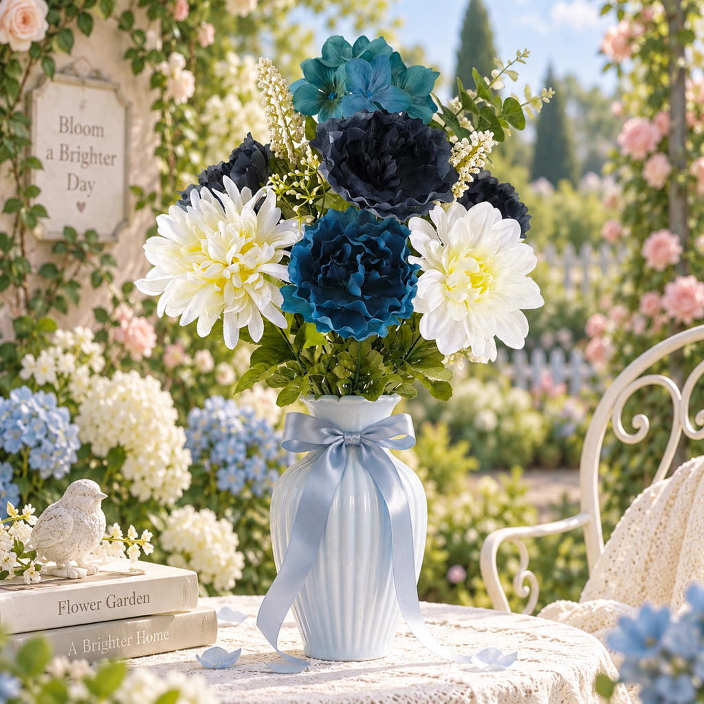 Artificial Flower Bouquet with Hydrangea & Peony, Navy and Cream Faux Flowers, 21.5 Inch Indoor Home Decor