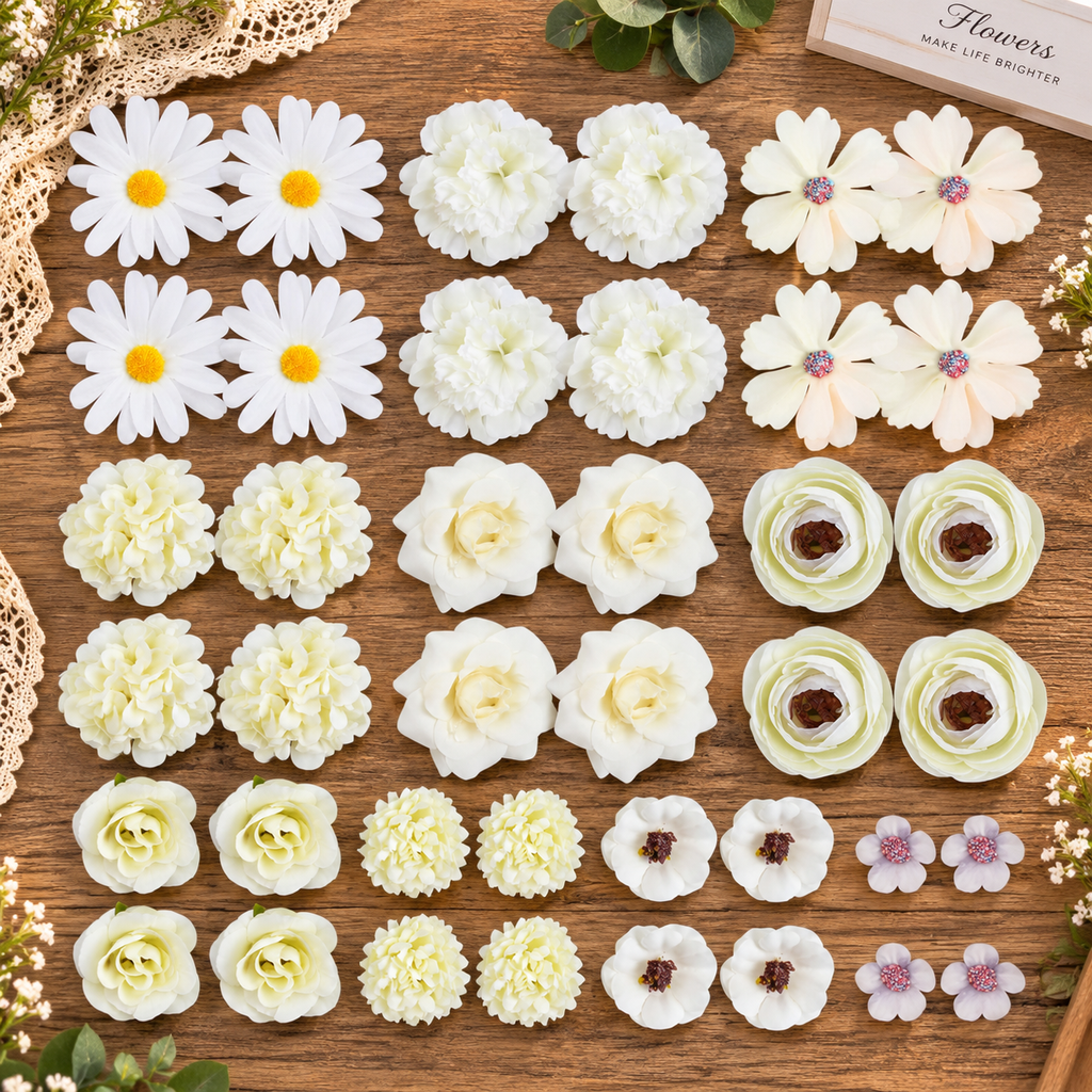 40pcs Artificial Flower Heads, Mixed Silk Flowers for DIY Crafts, Wreaths, Garlands, Wedding & Home Decor