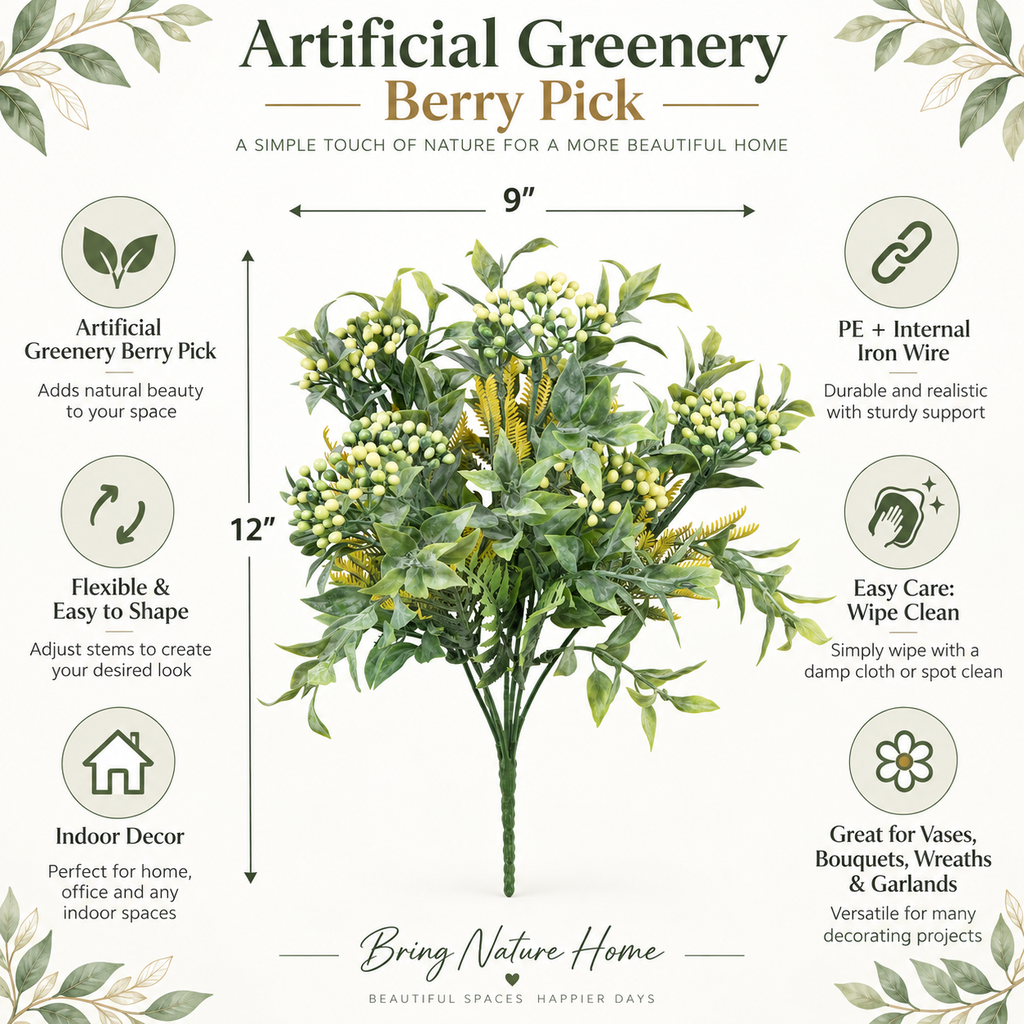 Artificial Greenery Mixed Berry Plant Pick 12 in – Indoor Faux Foliage Stem for Vase, Wreath & Floral Arrangements