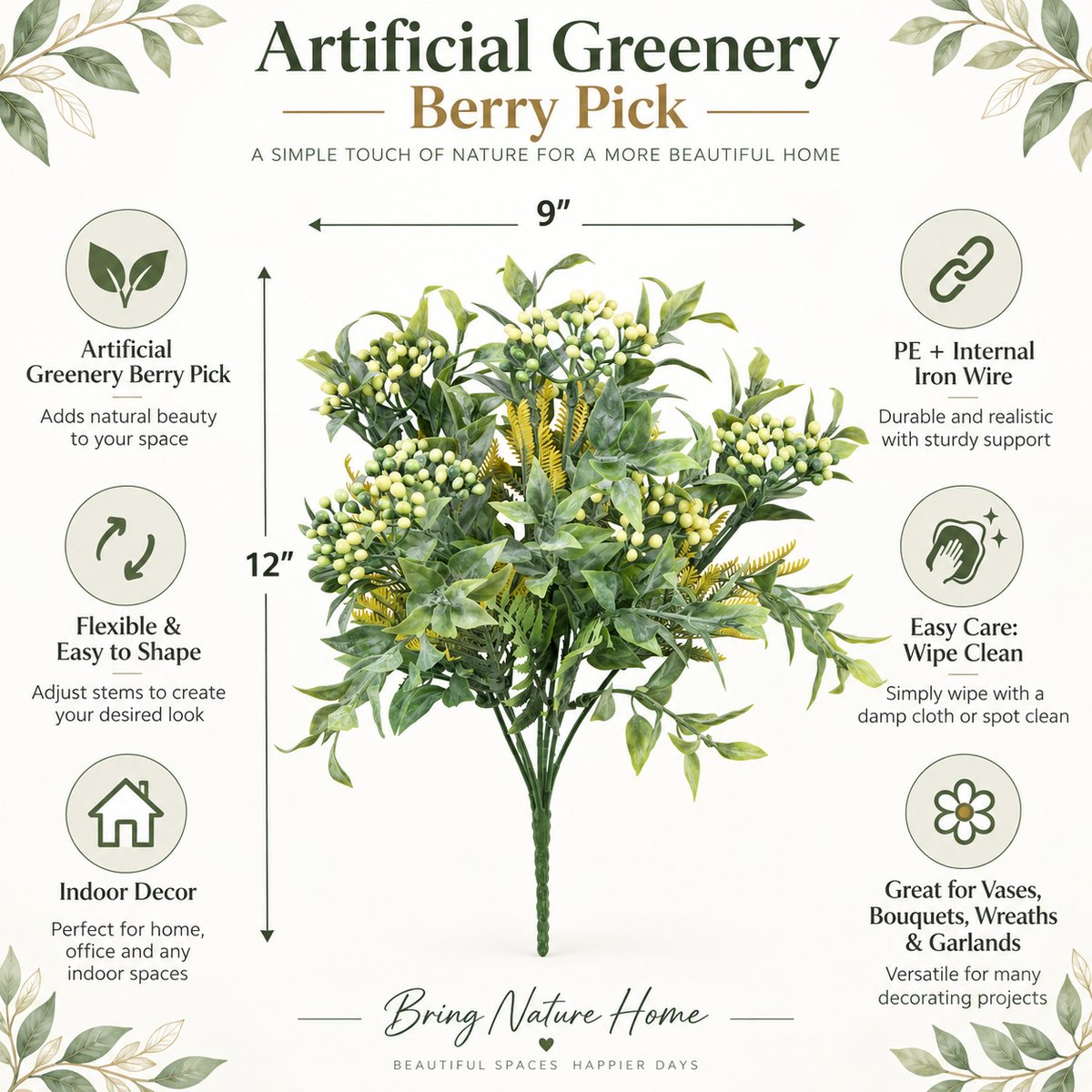 Artificial Greenery Mixed Berry Plant Pick 12 in – Indoor Faux Foliage Stem for Vase, Wreath & Floral Arrangements