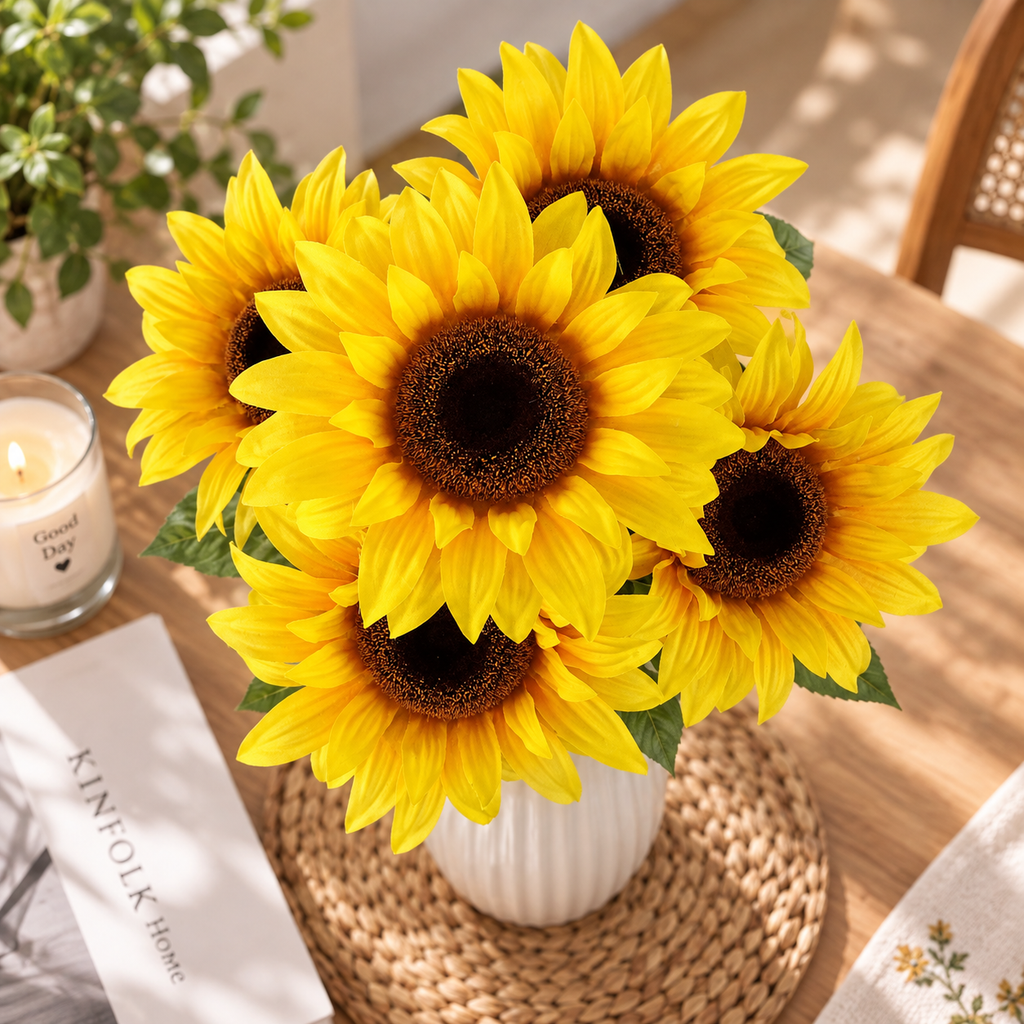Indoor Artificial Sunflower Bush – Yellow Faux Floral Arrangement, 19.25 in