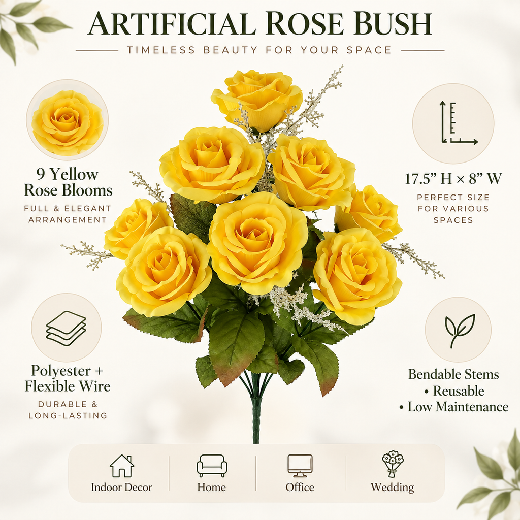 17.5" Yellow Artificial Rose Bush – 9 Bloom Indoor Floral Decor