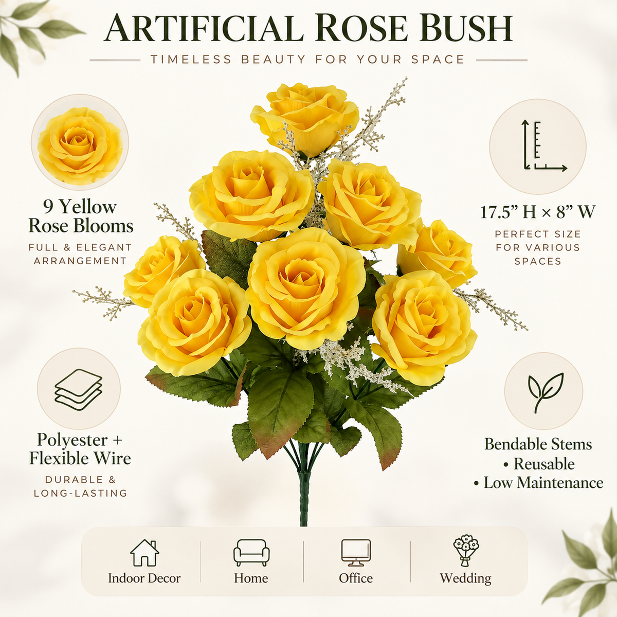 17.5" Yellow Artificial Rose Bush – 9 Bloom Indoor Floral Decor