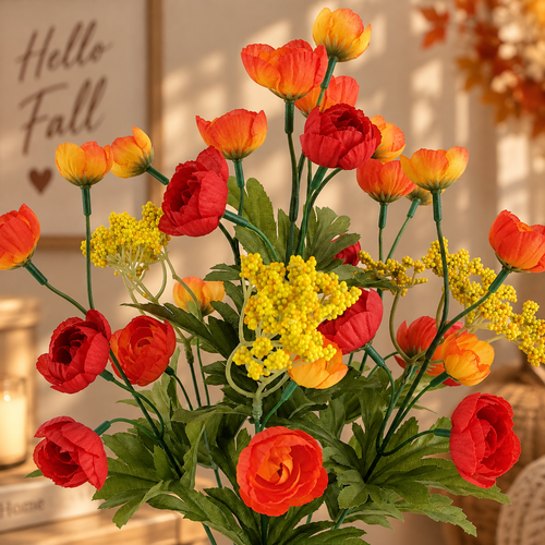 17" Artificial Ranunculus Floral Bush – Red & Orange Faux Flowers for Home Decor, Centerpieces & Office