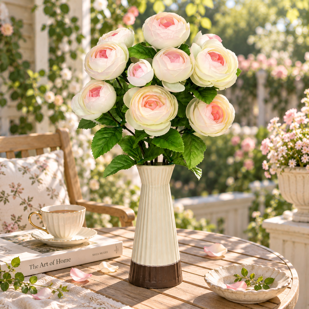 15 in Artificial Ranunculus Bush Light Pink – Faux Silk Flowers for Indoor Home Decor, Vase Arrangements & Seasonal Decorating