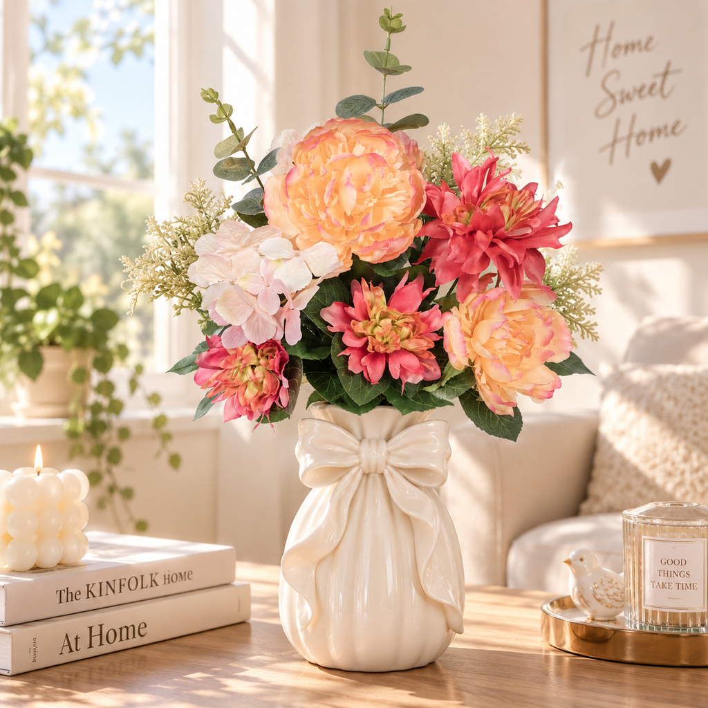23" Artificial Peach Peony & Dahlia Mixed Flower Bouquet – Indoor Floral Decor